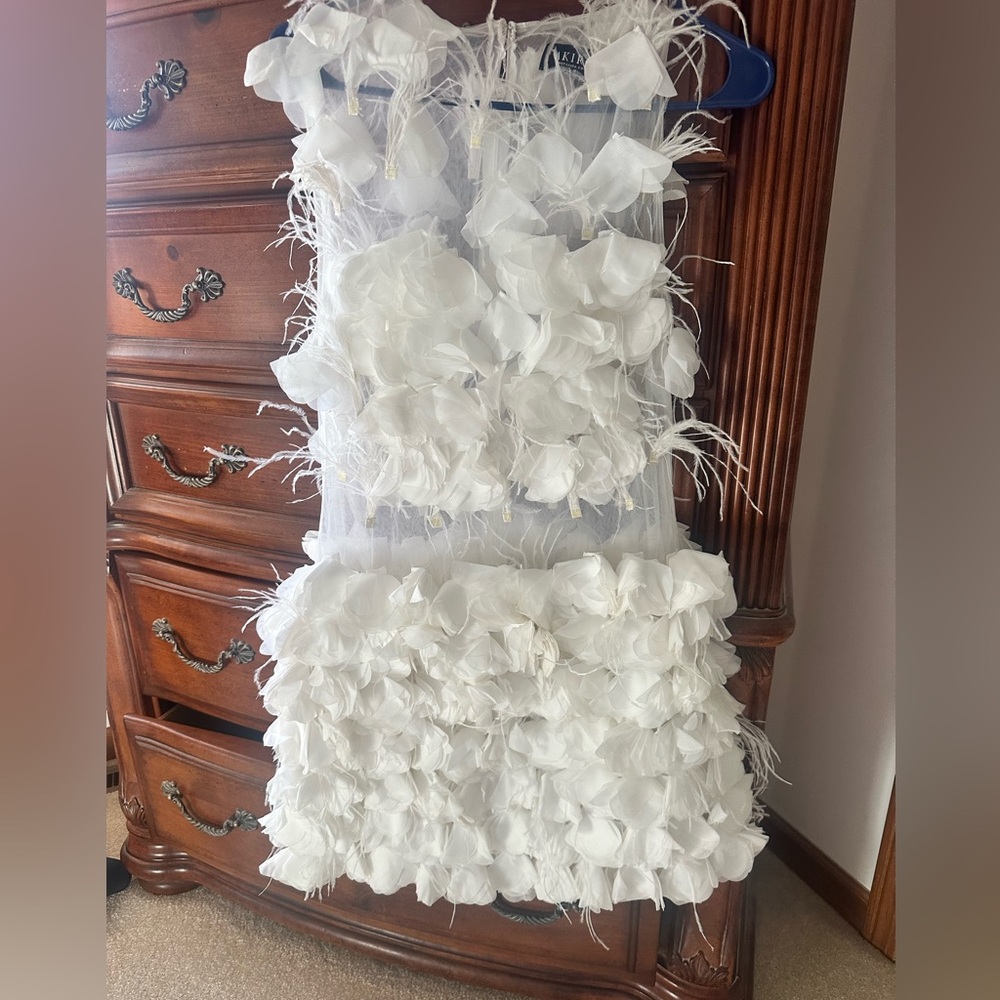 Elegant White Floral Dress with Feather Accents